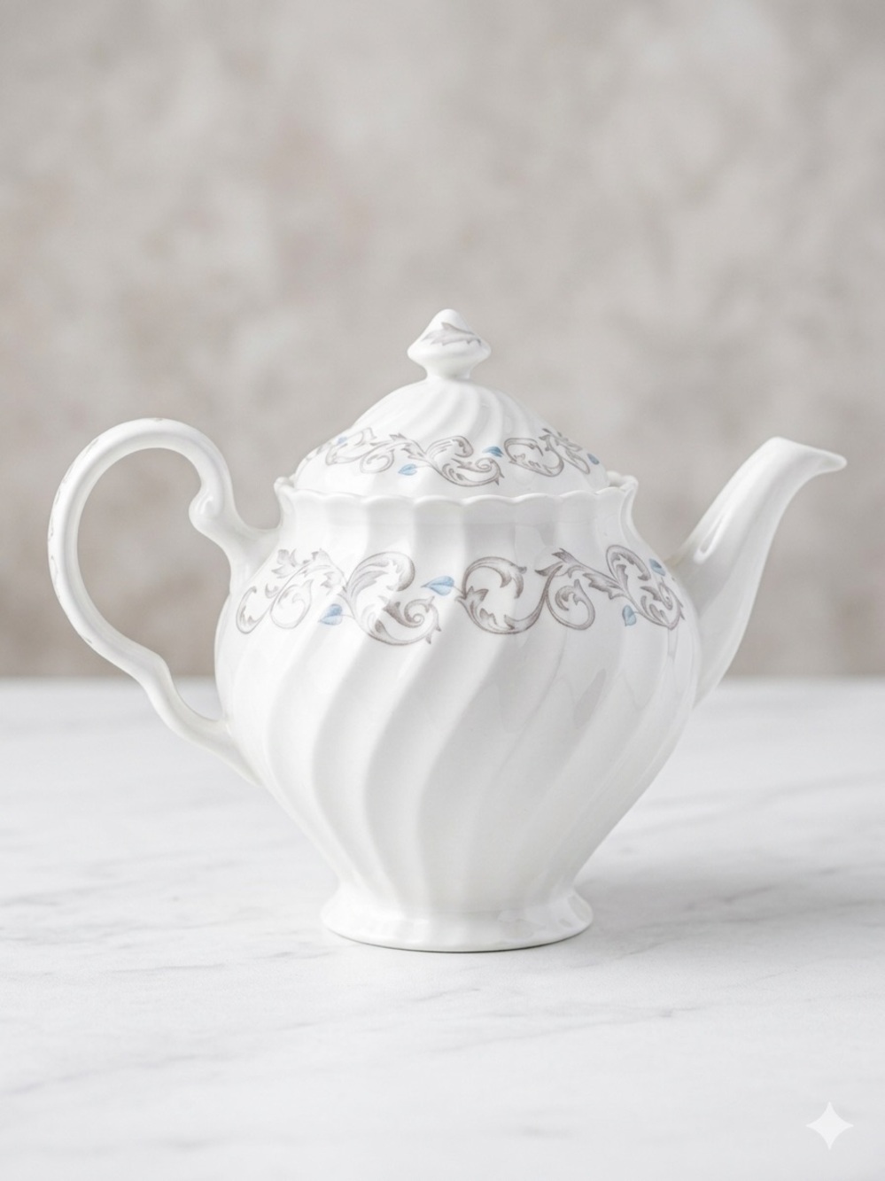 Lenox Encore Swirl Ceramic Teapot - Gray & Blue Scroll - Great Condition